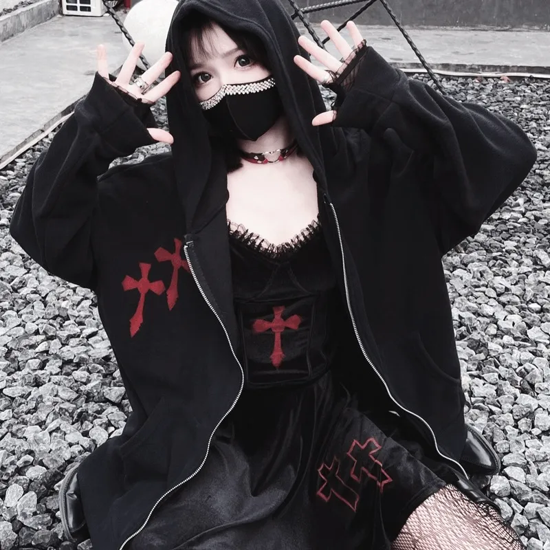 Women's Punk Cross Printed Coat with Hood