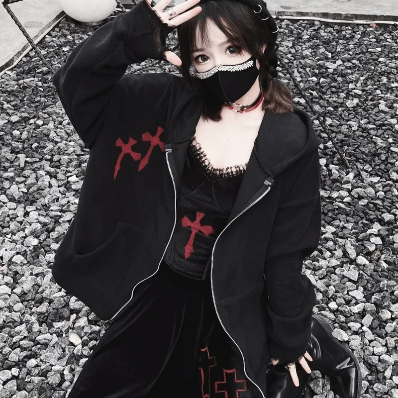 Women's Punk Cross Printed Coat with Hood