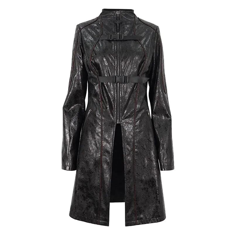 Women's Punk Double-buckle Faux Leather Coat Black