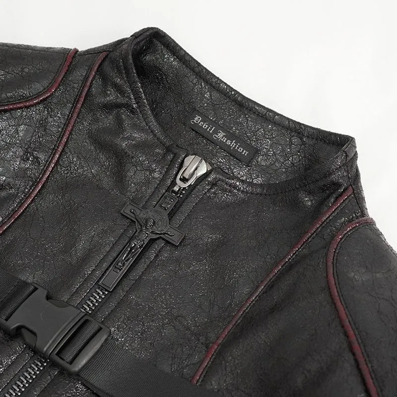 Women's Punk Double-buckle Faux Leather Coat Black