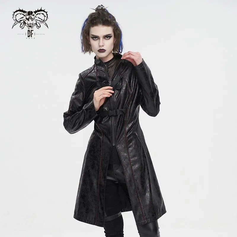 Women's Punk Double-buckle Faux Leather Coat Black