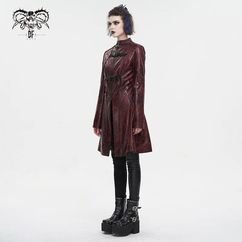 Women's Punk Double-buckle Faux Leather Coat Red