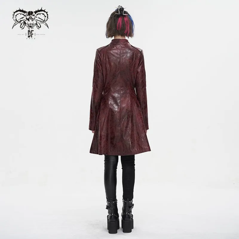 Women's Punk Double-buckle Faux Leather Coat Red