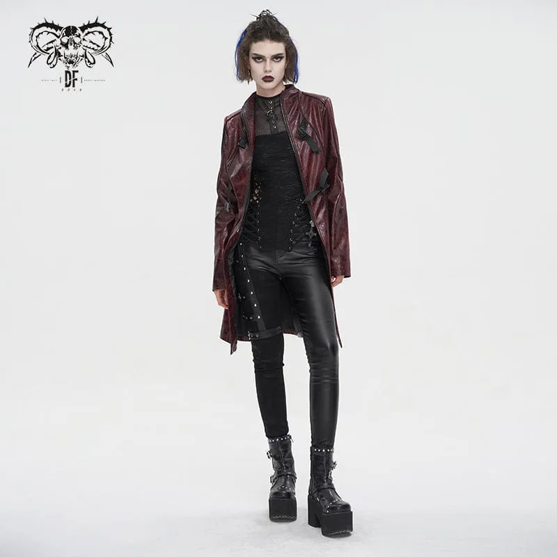 Women's Punk Double-buckle Faux Leather Coat Red