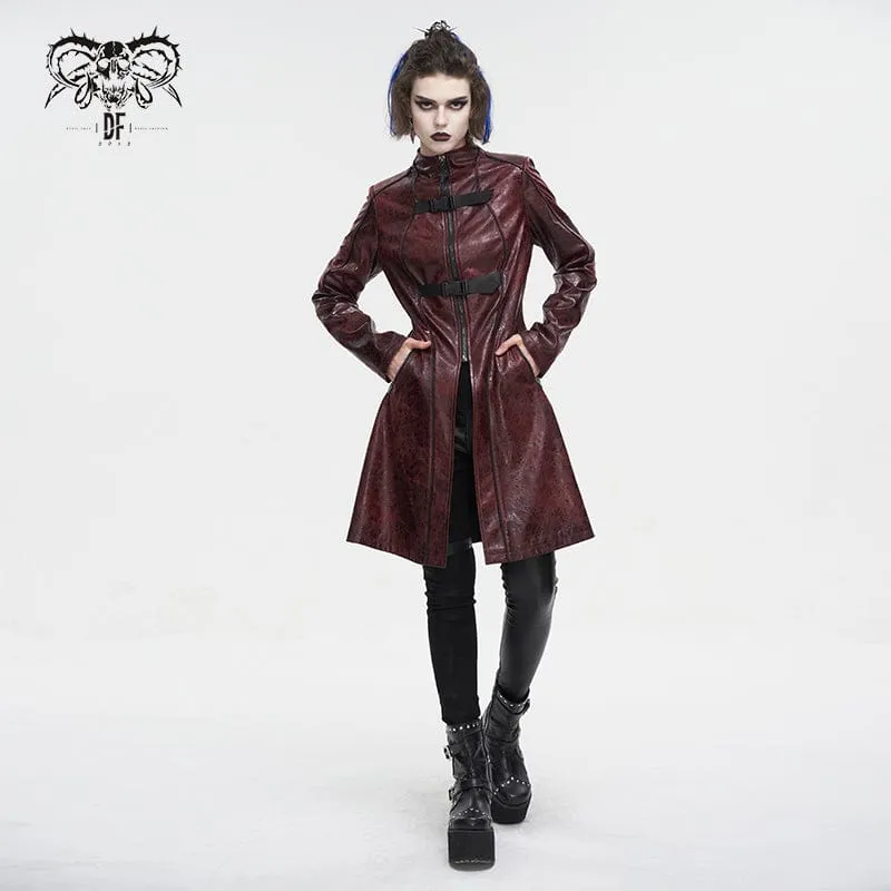 Women's Punk Double-buckle Faux Leather Coat Red