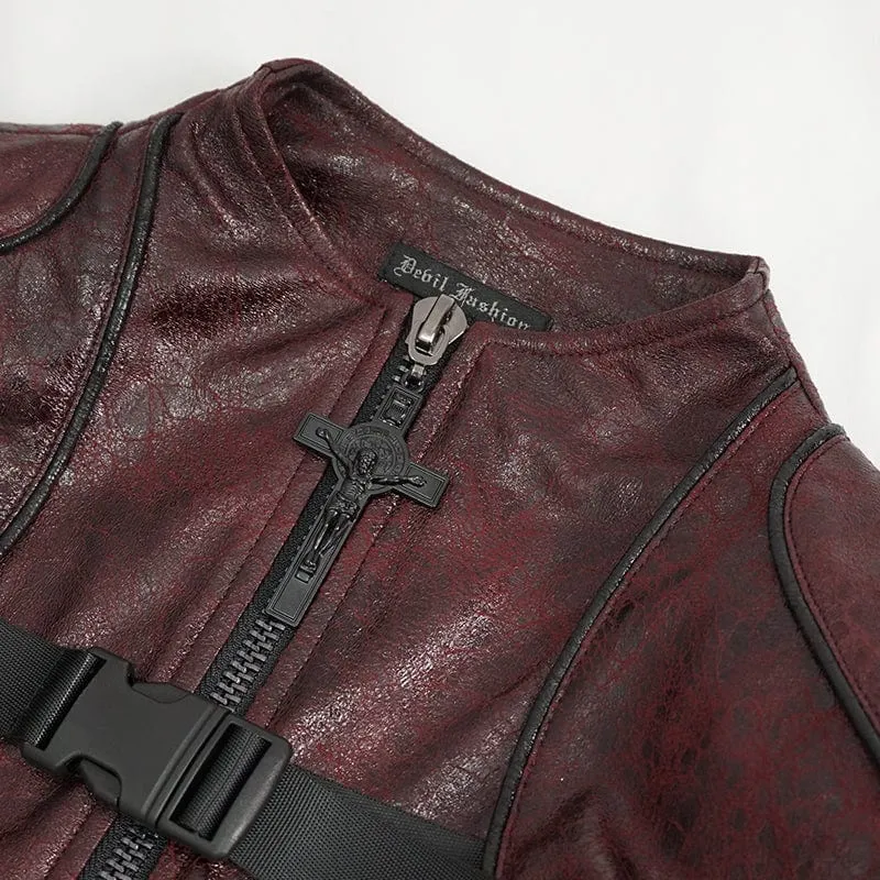 Women's Punk Double-buckle Faux Leather Coat Red