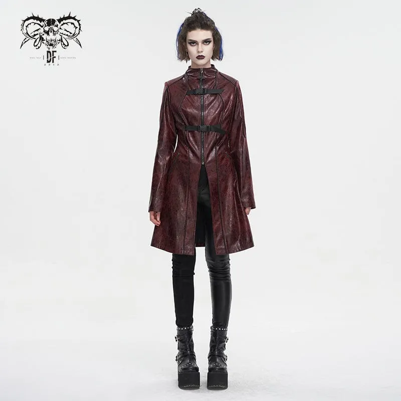 Women's Punk Double-buckle Faux Leather Coat Red