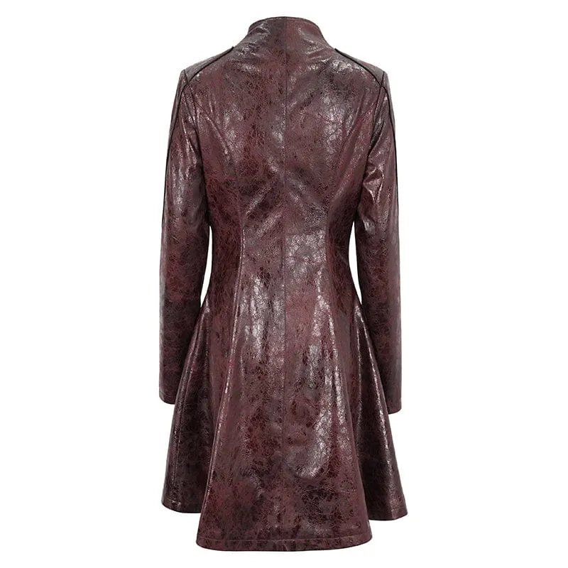Women's Punk Double-buckle Faux Leather Coat Red