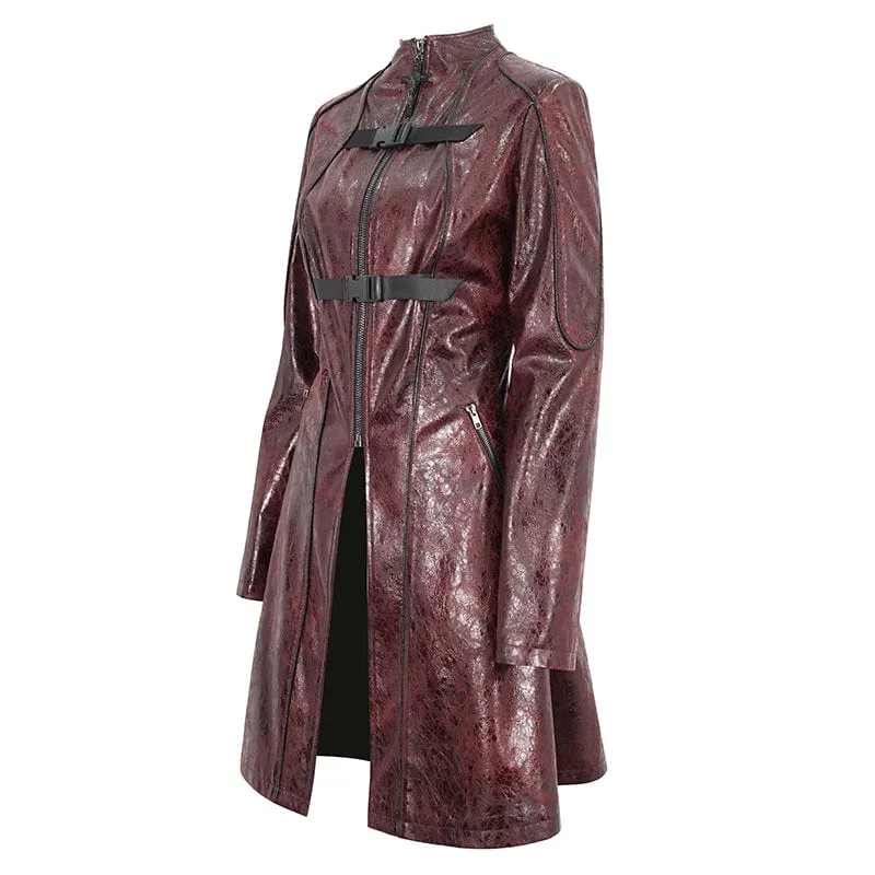 Women's Punk Double-buckle Faux Leather Coat Red