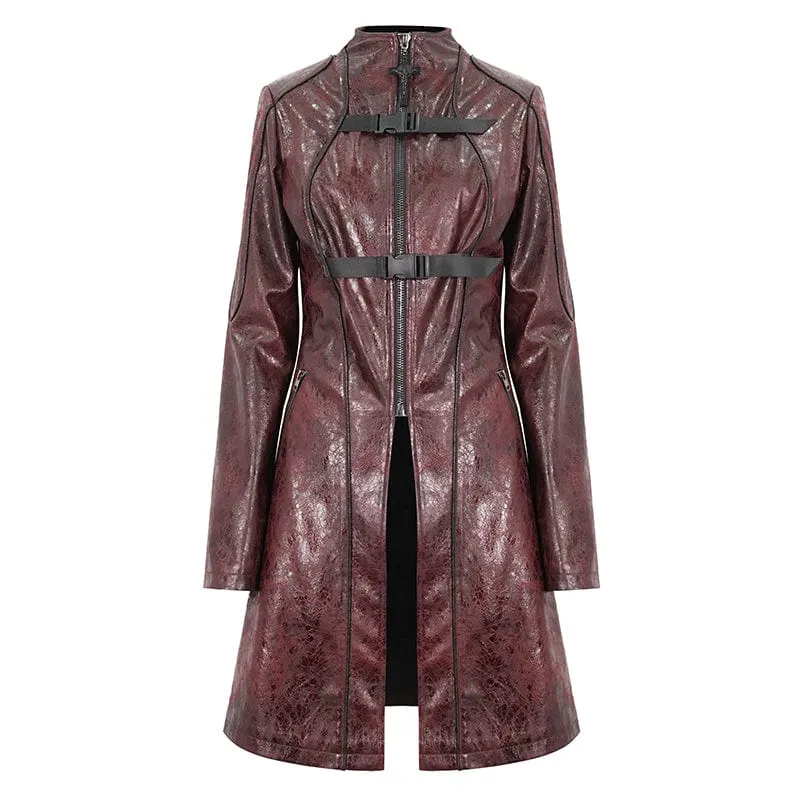 Women's Punk Double-buckle Faux Leather Coat Red