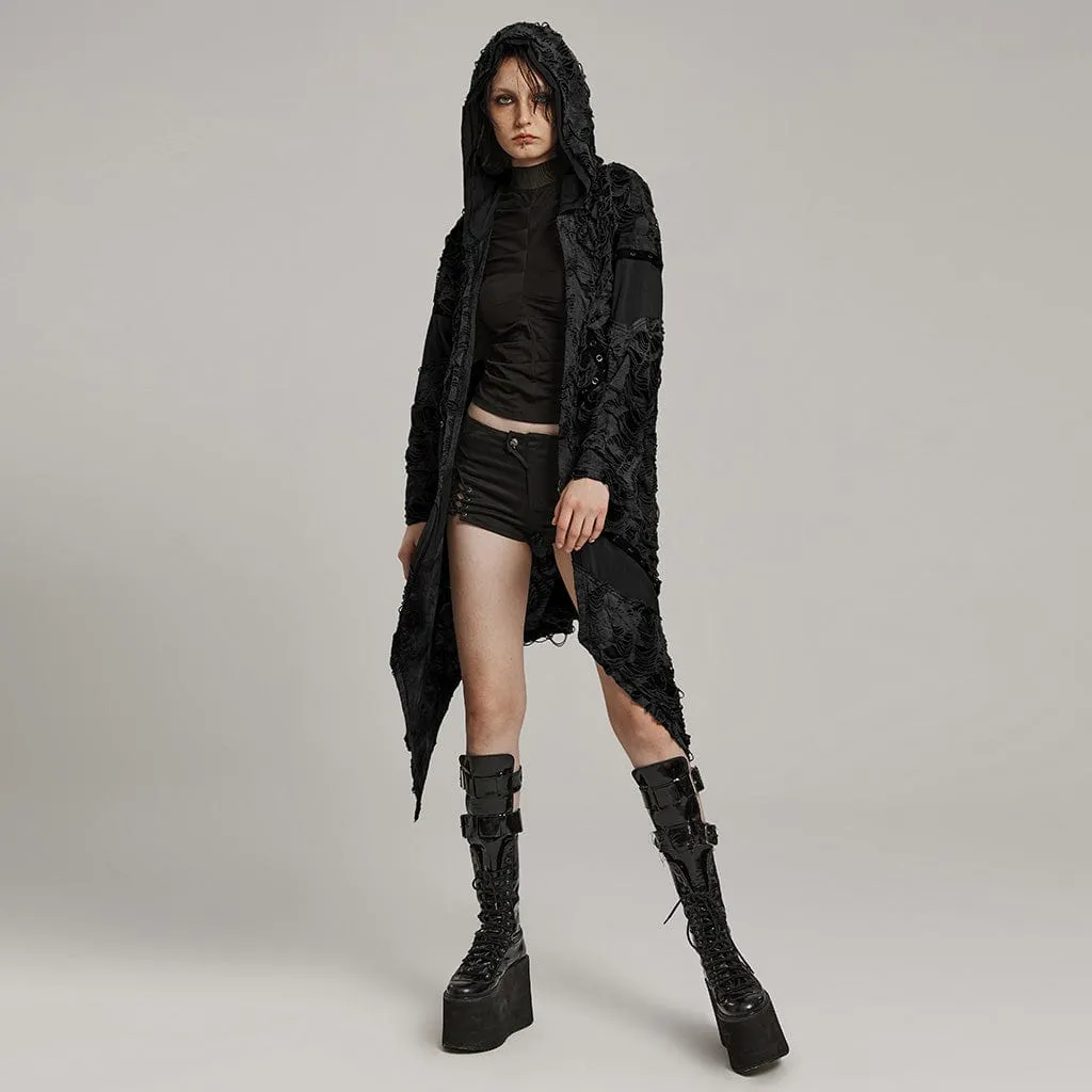 Women's Punk Ripped Eyelet Ruffled Coat with Hood Black