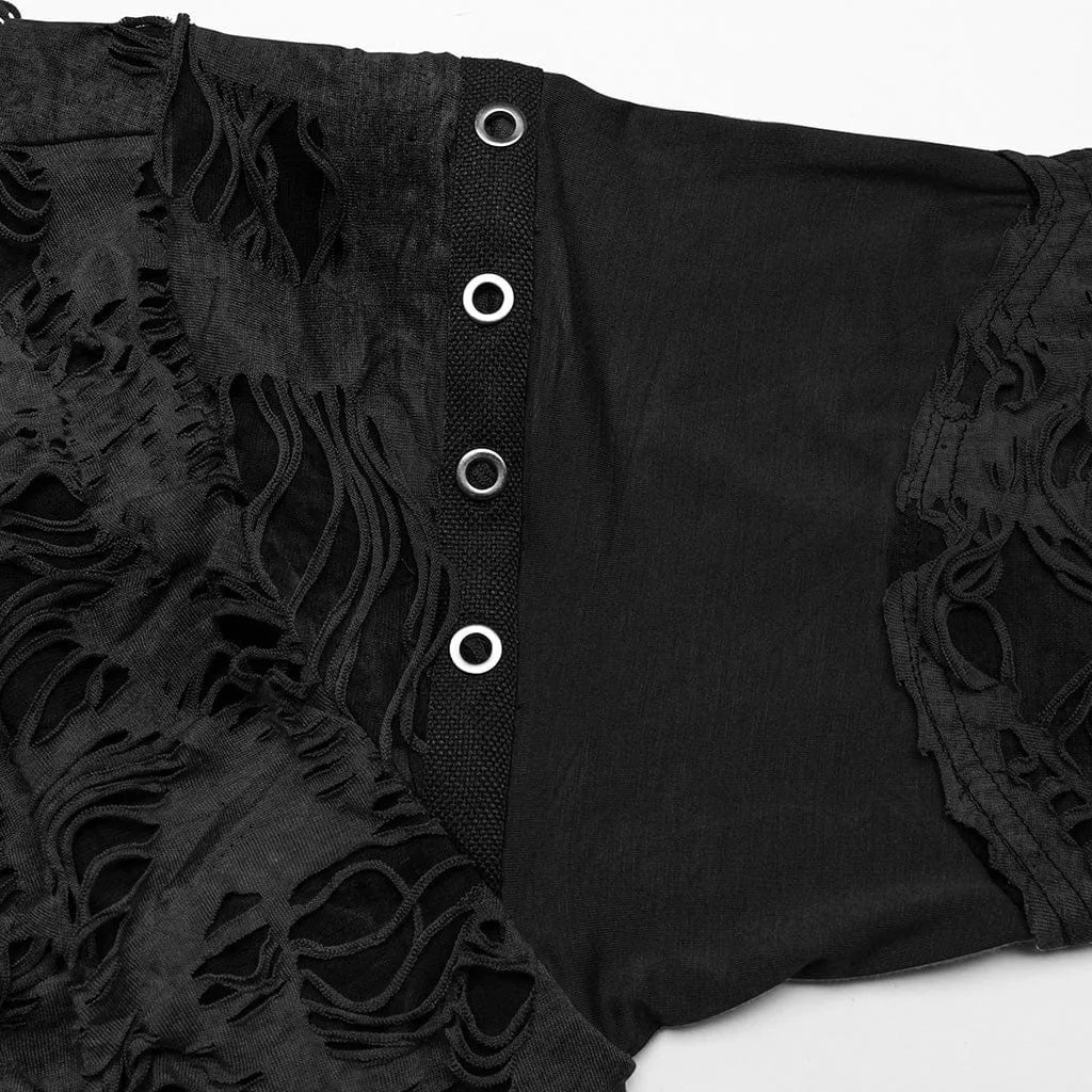 Women's Punk Ripped Eyelet Ruffled Coat with Hood Black