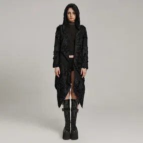 Women's Punk Ripped Eyelet Ruffled Coat with Hood Black