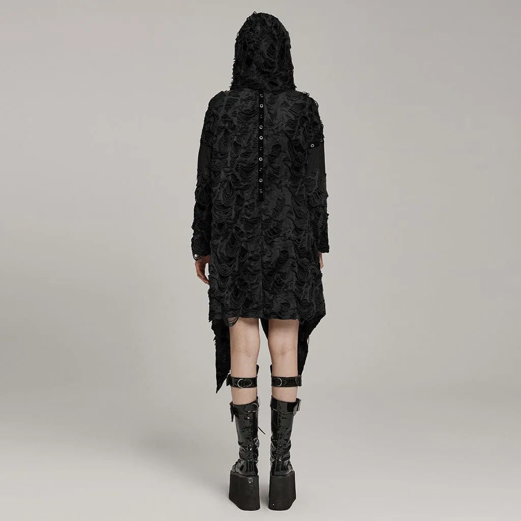 Women's Punk Ripped Eyelet Ruffled Coat with Hood Black