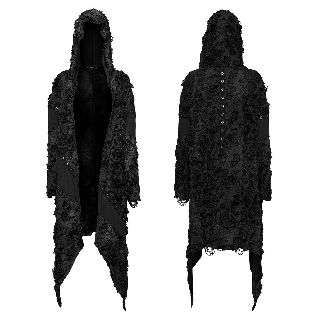 Women's Punk Ripped Eyelet Ruffled Coat with Hood Black