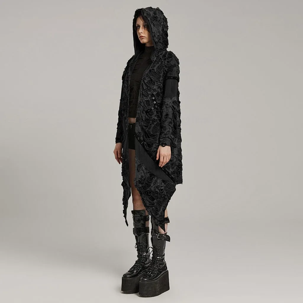 Women's Punk Ripped Eyelet Ruffled Coat with Hood Black