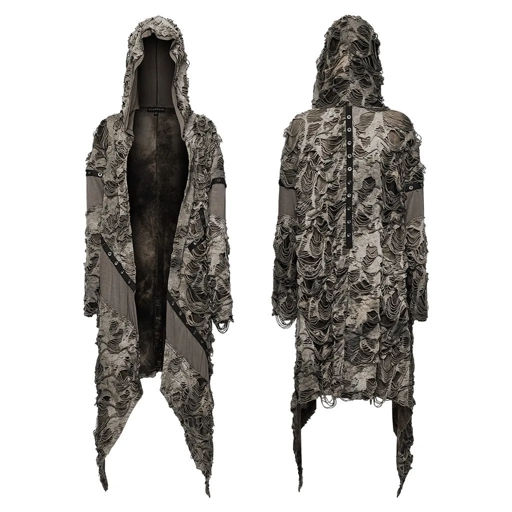 Women's Punk Ripped Eyelet Ruffled Distressed Coat with Hood
