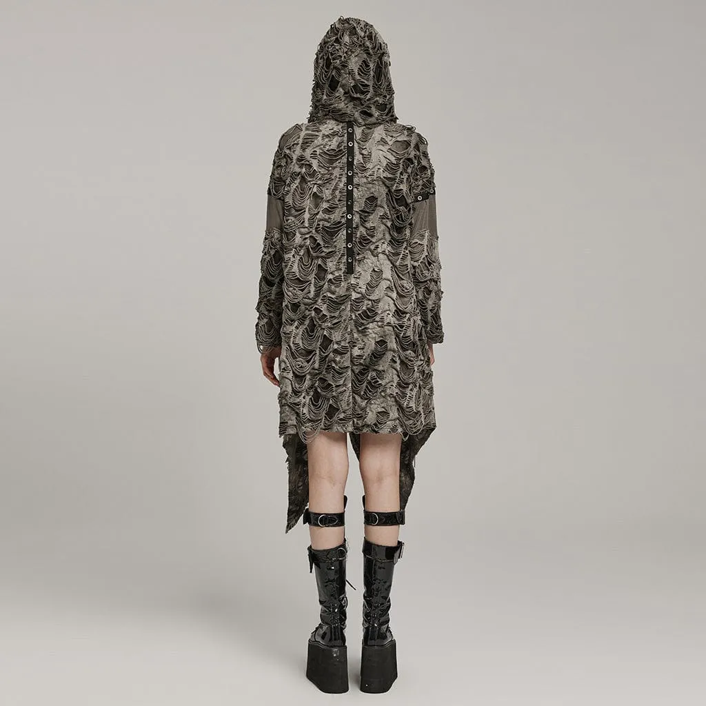 Women's Punk Ripped Eyelet Ruffled Distressed Coat with Hood