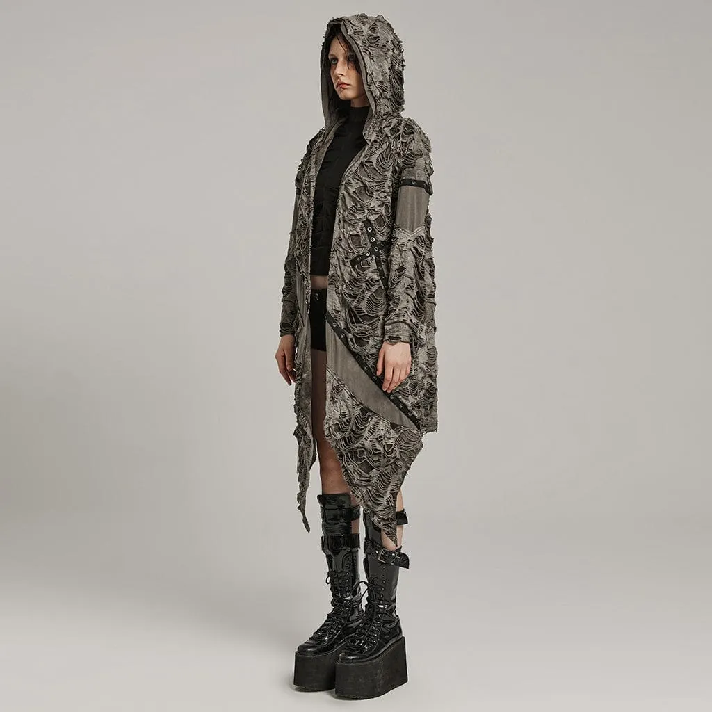 Women's Punk Ripped Eyelet Ruffled Distressed Coat with Hood