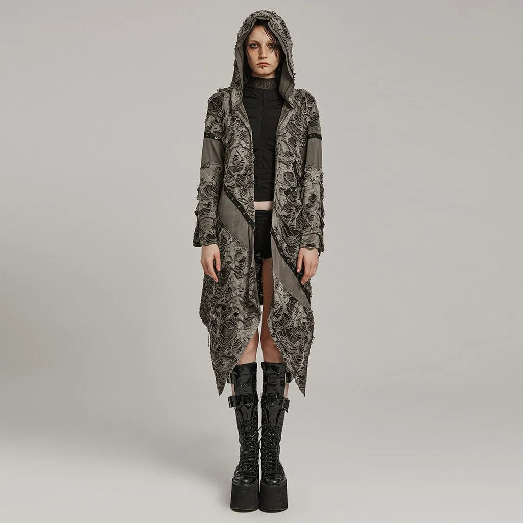 Women's Punk Ripped Eyelet Ruffled Distressed Coat with Hood