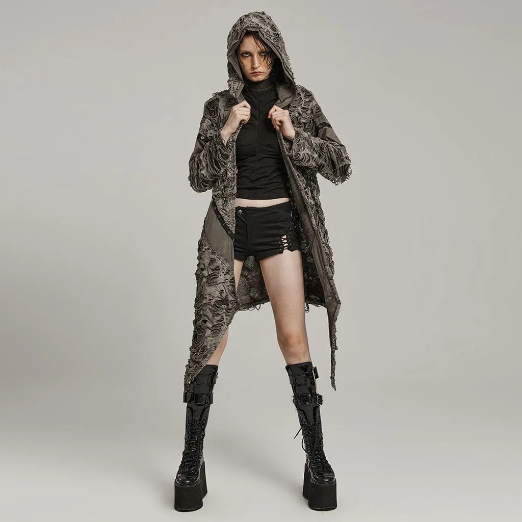 Women's Punk Ripped Eyelet Ruffled Distressed Coat with Hood