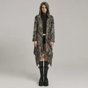 Women's Punk Ripped Eyelet Ruffled Distressed Coat with Hood