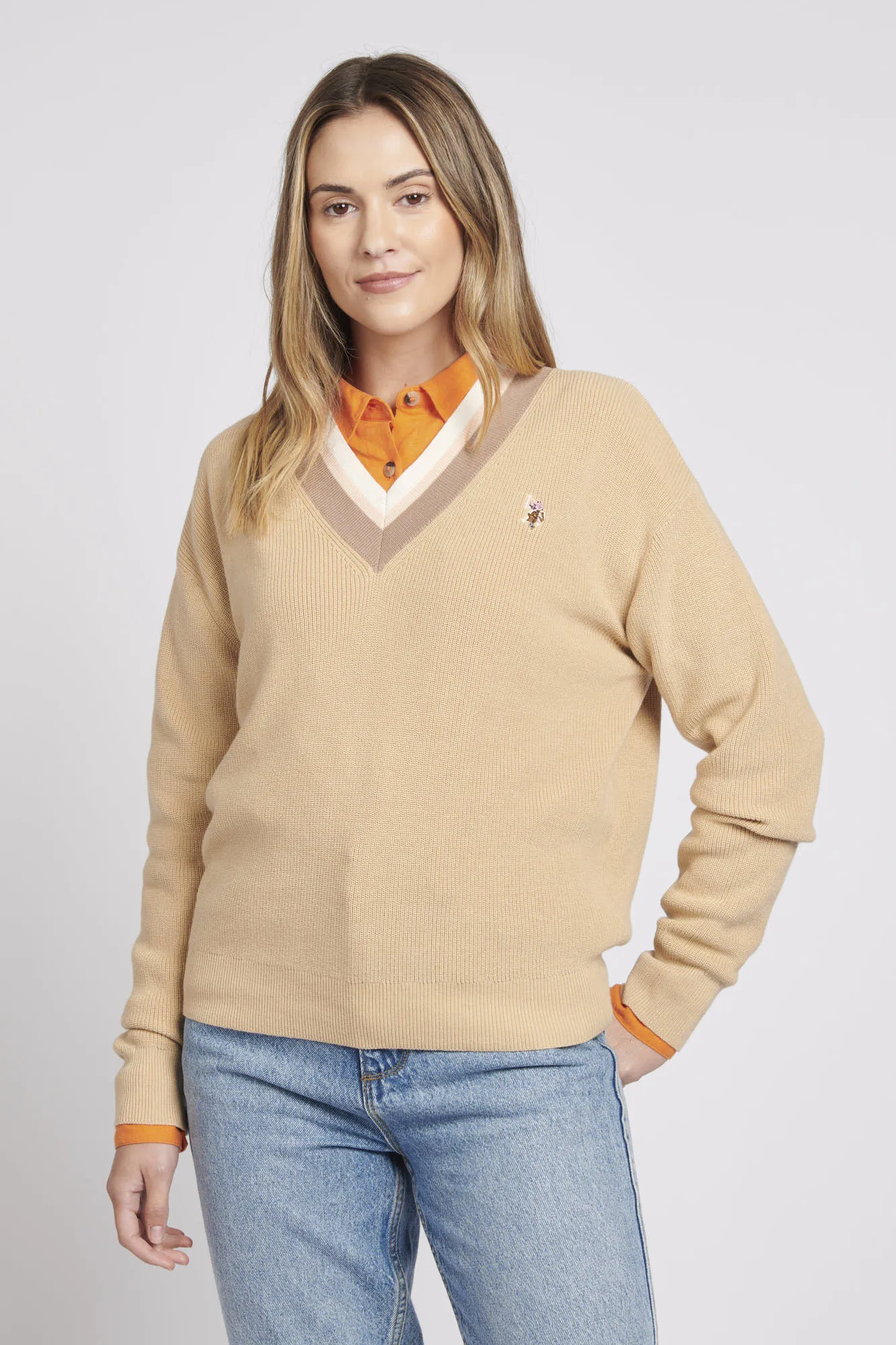 Womens V-Neck Knit Cricket Jumper in Iris Cream