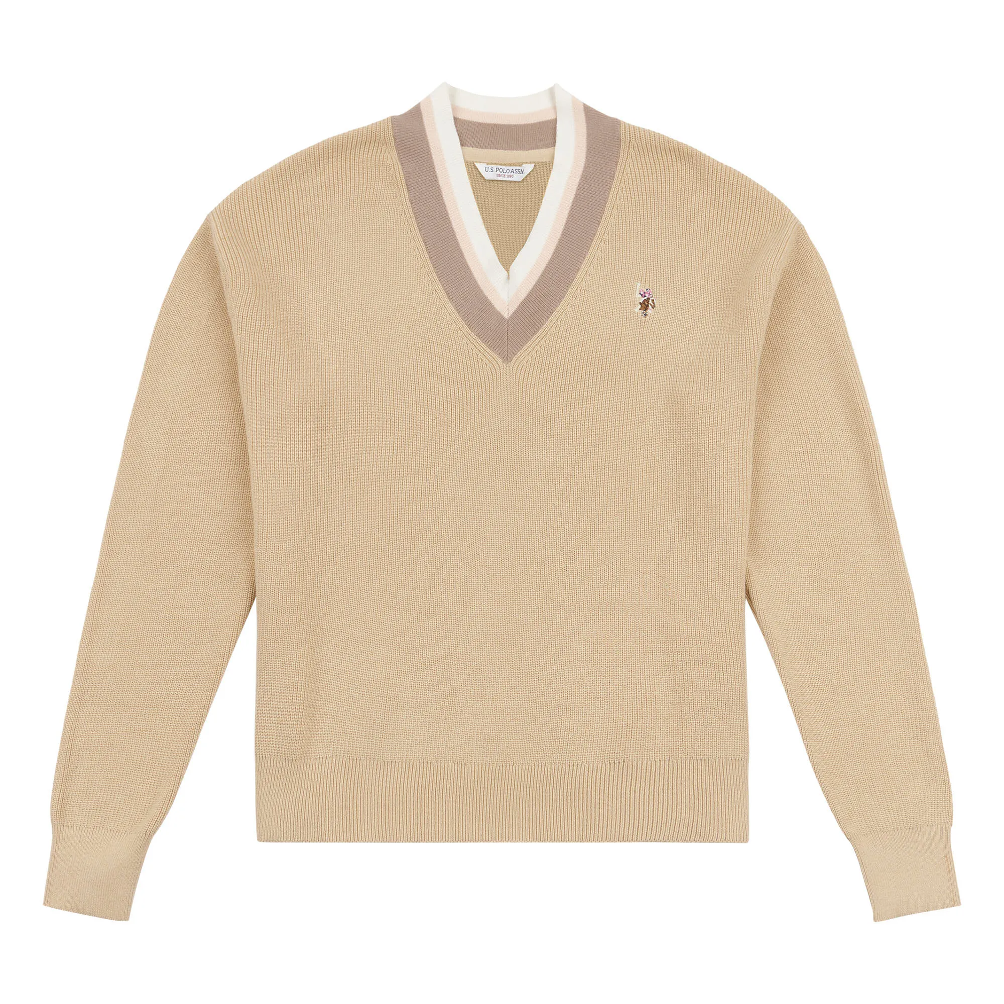 Womens V-Neck Knit Cricket Jumper in Iris Cream