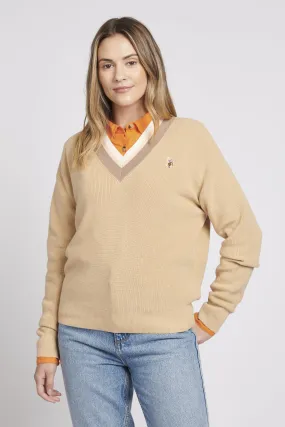 Womens V-Neck Knit Cricket Jumper in Iris Cream