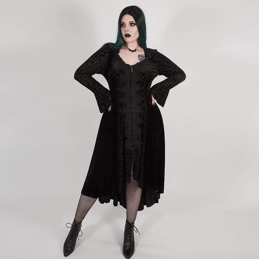 Women's Victorian Gothic Black Velvet and Lace Hooded Long Coat