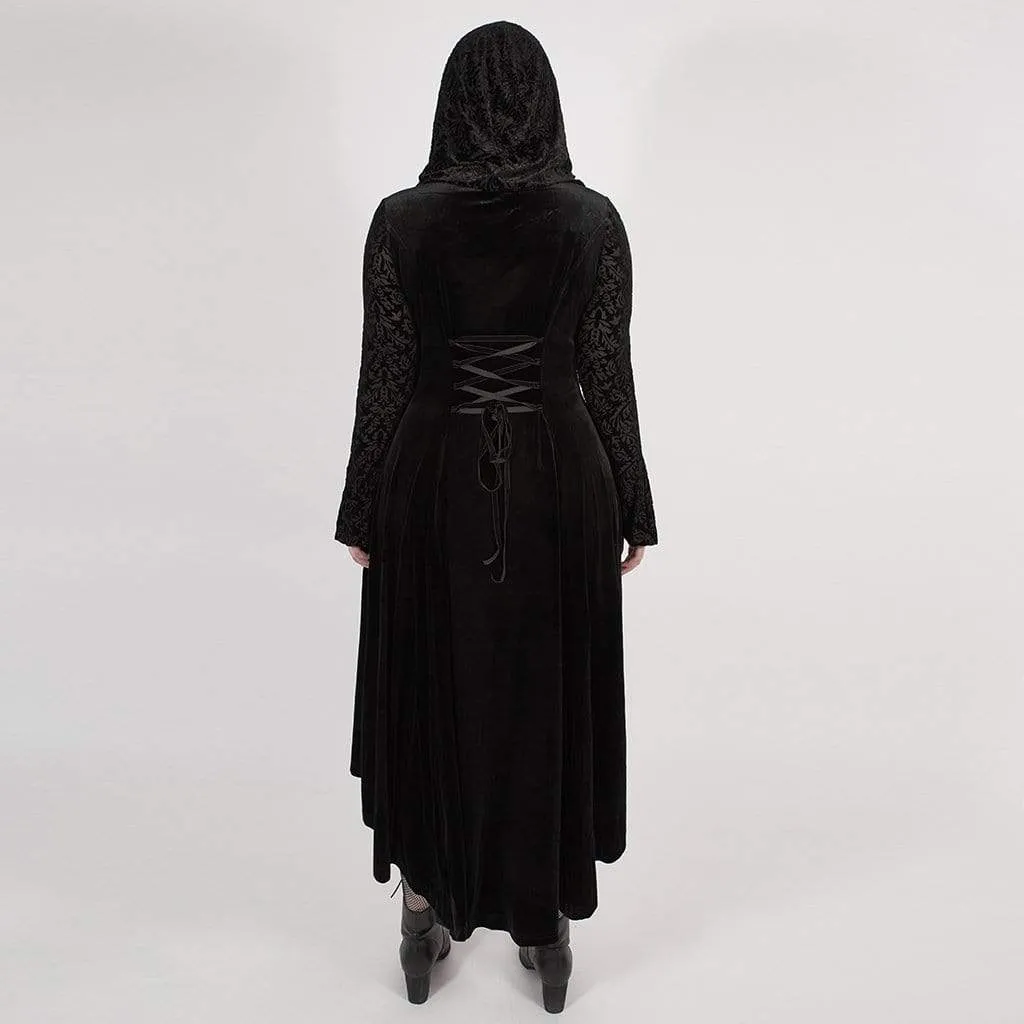 Women's Victorian Gothic Black Velvet and Lace Hooded Long Coat