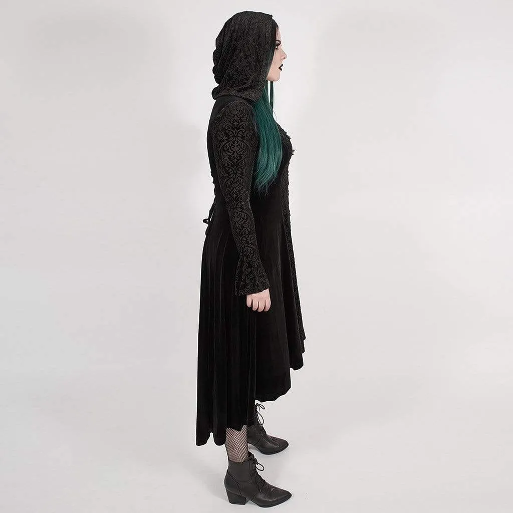 Women's Victorian Gothic Black Velvet and Lace Hooded Long Coat