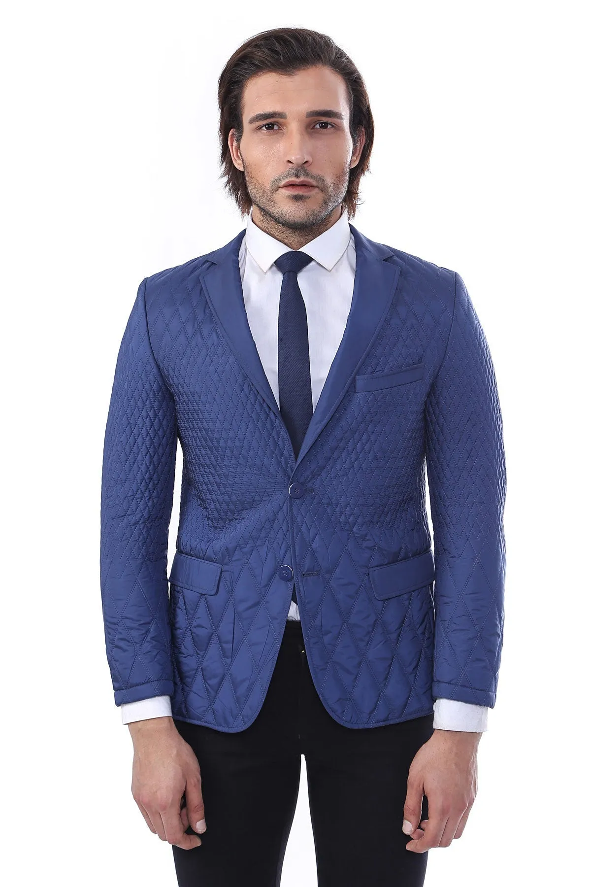 WSS 3 Pockets 2 Button Quilted Coat Jacket Navy Blue Short Coat- - Singen