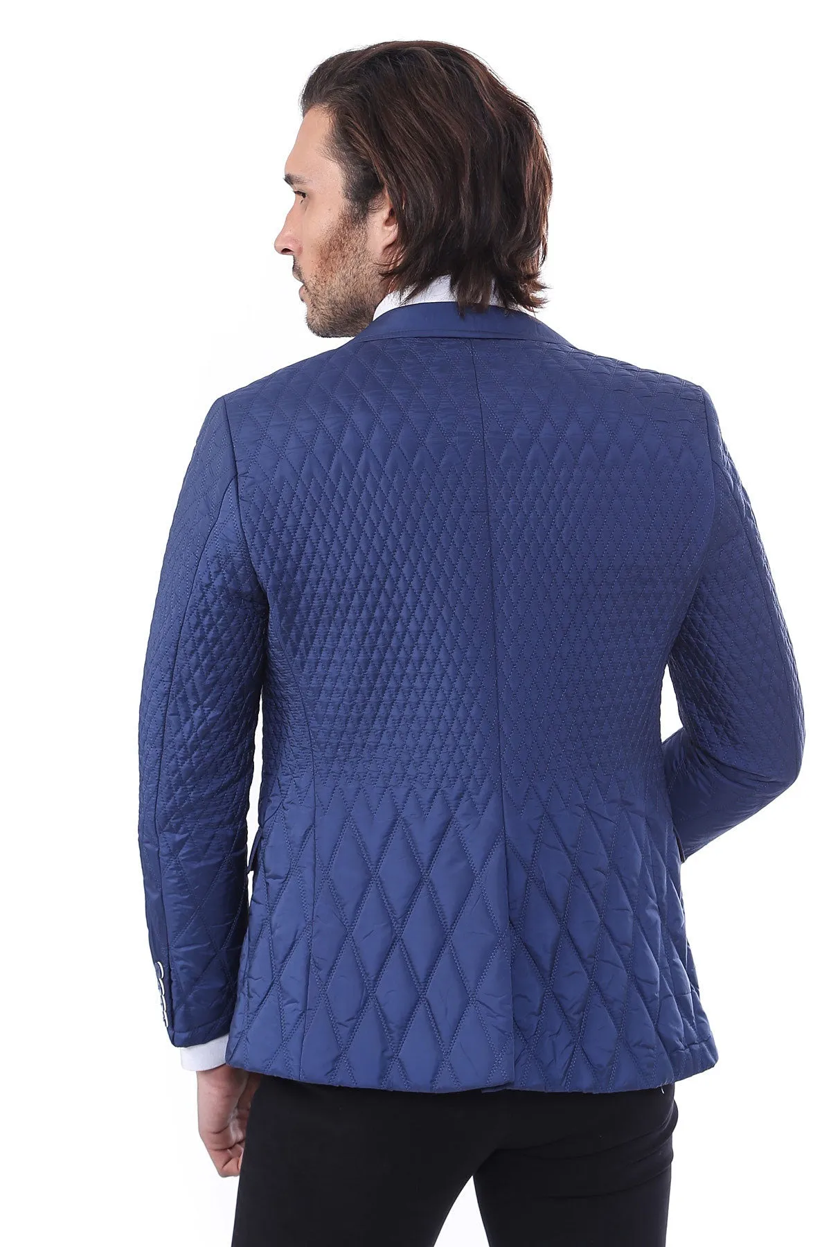 WSS 3 Pockets 2 Button Quilted Coat Jacket Navy Blue Short Coat- - Singen