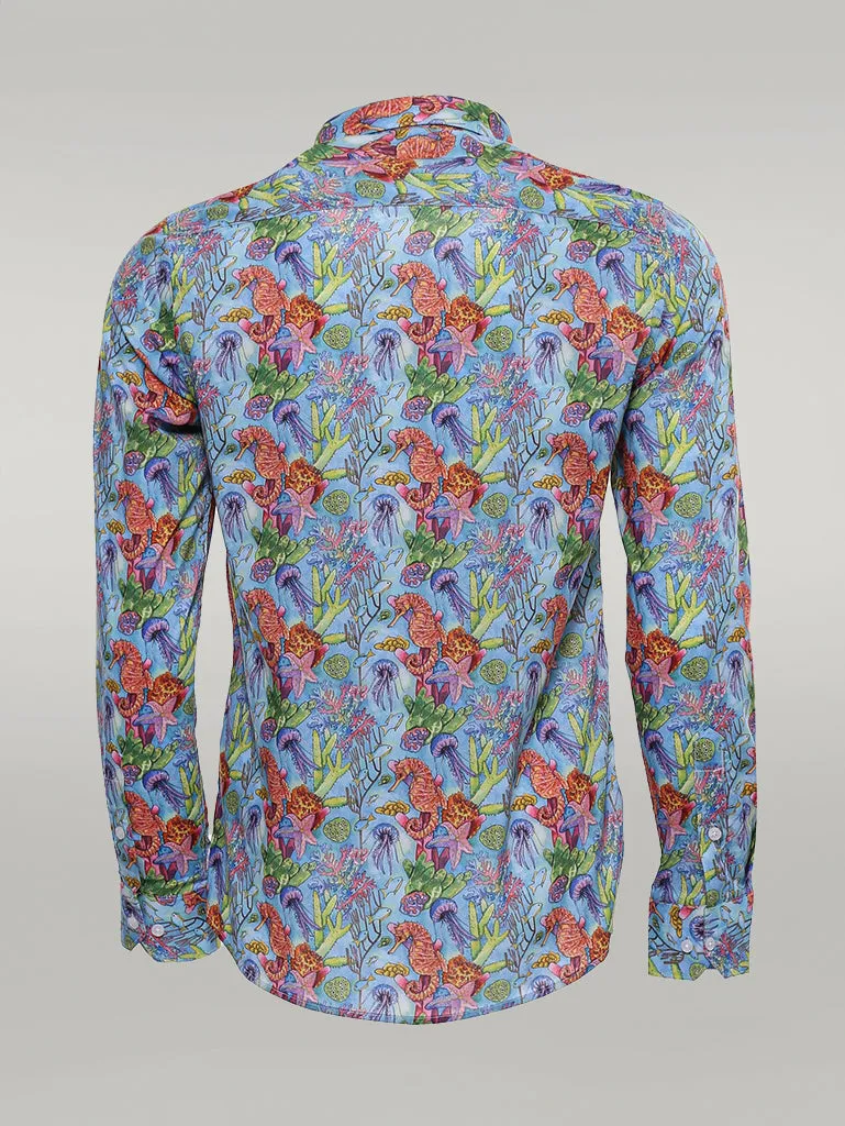WSS Red Floral Patterned Slim-Fit Long Sleeves Navy Blue Shirt  - Singen