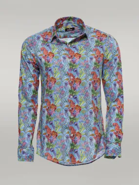 WSS Red Floral Patterned Slim-Fit Long Sleeves Navy Blue Shirt  - Singen