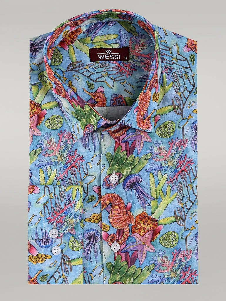 WSS Red Floral Patterned Slim-Fit Long Sleeves Navy Blue Shirt  - Singen