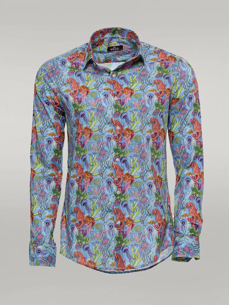 WSS Red Floral Patterned Slim-Fit Long Sleeves Navy Blue Shirt  - Singen