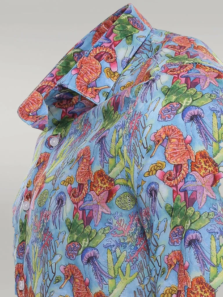 WSS Red Floral Patterned Slim-Fit Long Sleeves Navy Blue Shirt  - Singen