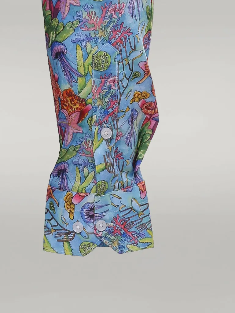 WSS Red Floral Patterned Slim-Fit Long Sleeves Navy Blue Shirt  - Singen