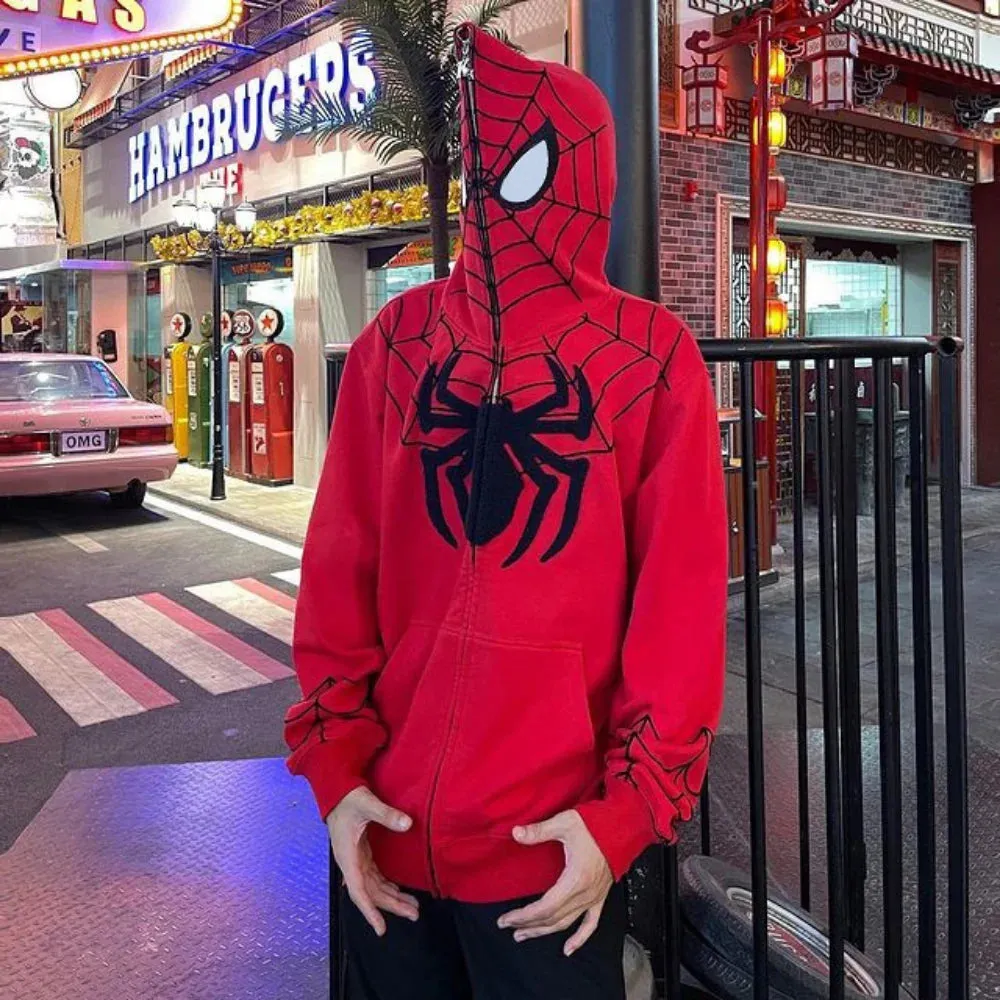 Y2K Goth Zip Up Hoodies Men Spider Web Graphic Sweatshirts Women Streetwear Harajuku Fashion Oversize Hip Hop Punk Clothes Coat