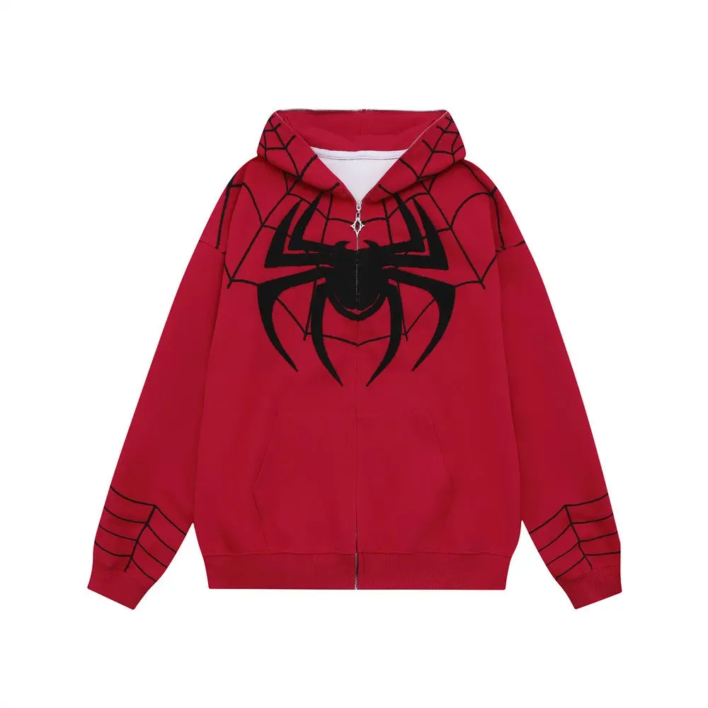 Y2K Goth Zip Up Hoodies Men Spider Web Graphic Sweatshirts Women Streetwear Harajuku Fashion Oversize Hip Hop Punk Clothes Coat