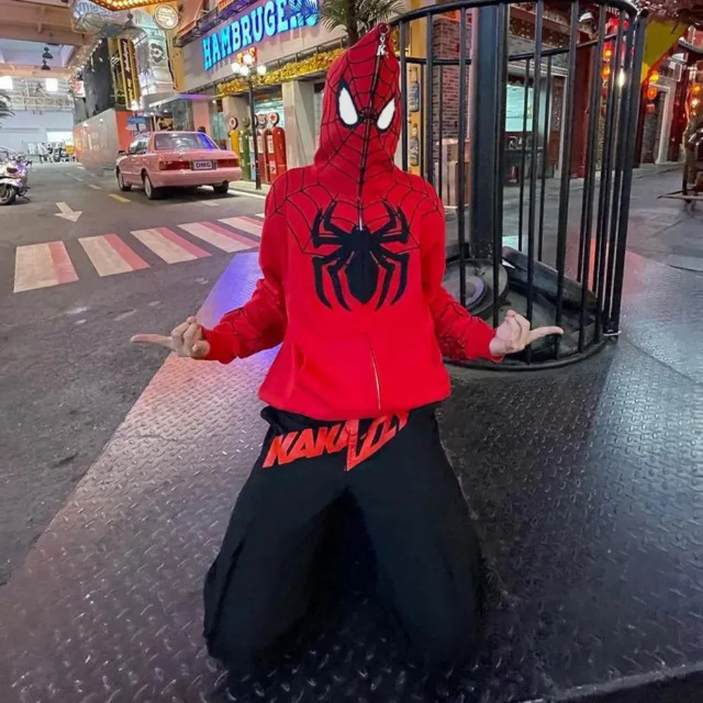 Y2K Goth Zip Up Hoodies Men Spider Web Graphic Sweatshirts Women Streetwear Harajuku Fashion Oversize Hip Hop Punk Clothes Coat