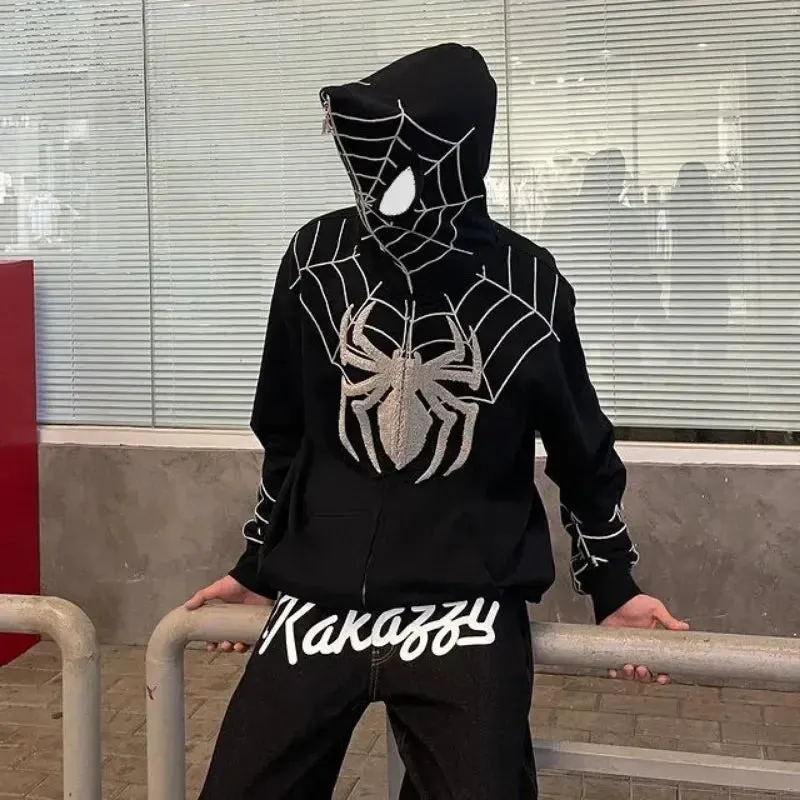 Y2K Spider Web Graphic Men Hoodies Harajuku Hip Hop Full Zipper Jacket Coat Streetwear Women Gothic Punk Loose Pocket Sweatshirt