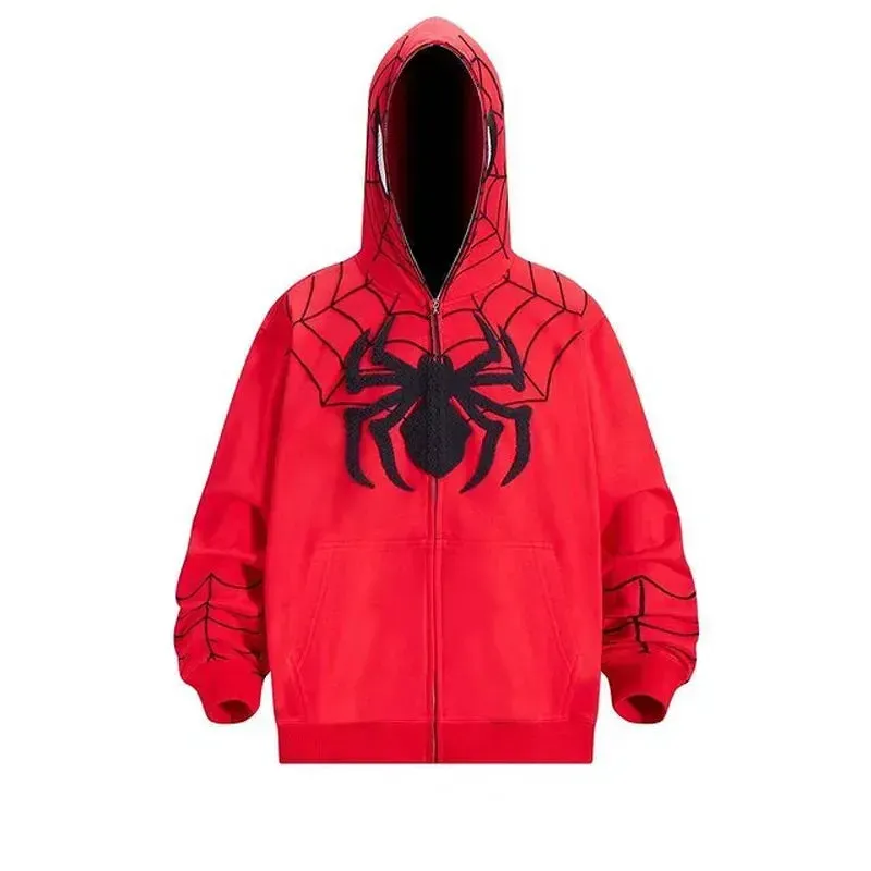 Y2K Spider Web Graphic Men Hoodies Harajuku Hip Hop Full Zipper Jacket Coat Streetwear Women Gothic Punk Loose Pocket Sweatshirt