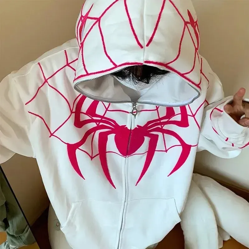 Y2K Spider Web Graphic Men Hoodies Harajuku Hip Hop Full Zipper Jacket Coat Streetwear Women Gothic Punk Loose Pocket Sweatshirt