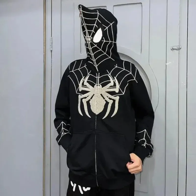 Y2K Spider Web Graphic Men Hoodies Harajuku Hip Hop Full Zipper Jacket Coat Streetwear Women Gothic Punk Loose Pocket Sweatshirt