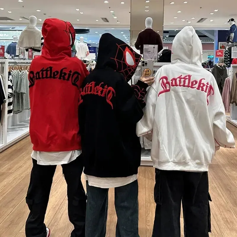Y2K Spider Web Graphic Men Hoodies Harajuku Hip Hop Full Zipper Jacket Coat Streetwear Women Gothic Punk Loose Pocket Sweatshirt