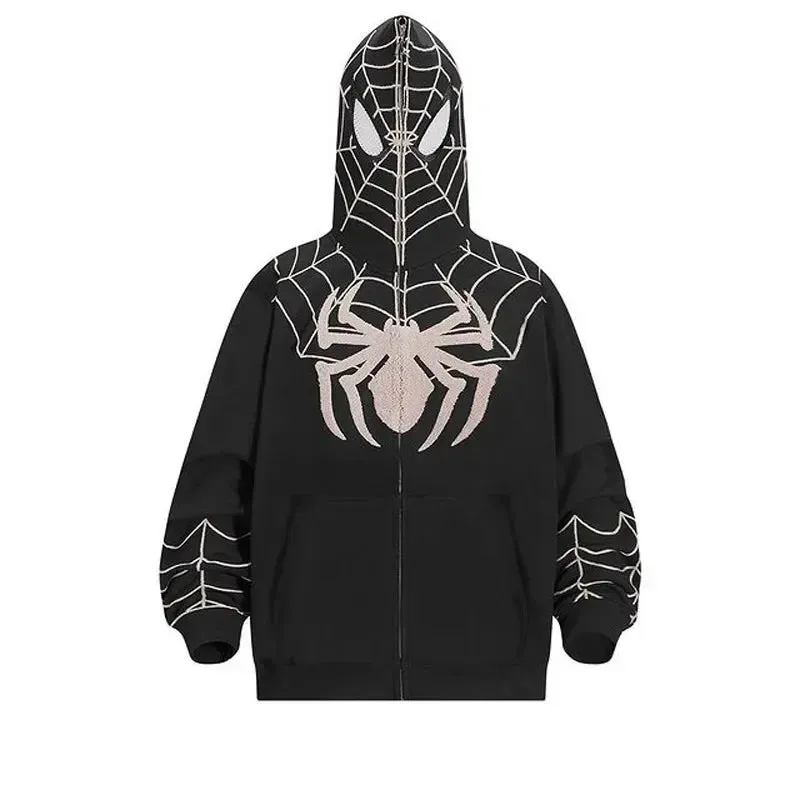 Y2K Spider Web Graphic Men Hoodies Harajuku Hip Hop Full Zipper Jacket Coat Streetwear Women Gothic Punk Loose Pocket Sweatshirt