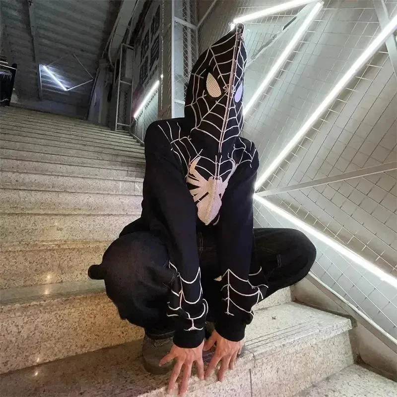 Y2K Spider Web Graphic Men Hoodies Harajuku Hip Hop Full Zipper Jacket Coat Streetwear Women Gothic Punk Loose Pocket Sweatshirt